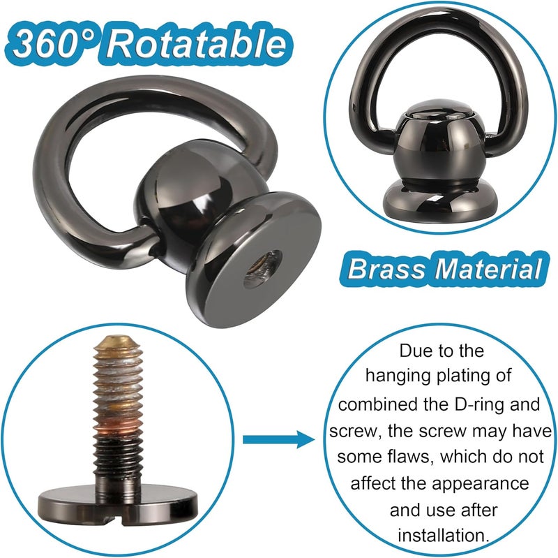 Notgia 4Pcs D Rings for Purse Brass Rivets for Leather Rotatable Purse Strap Hardware Ball Button Studs for Handbag D Rings Chicago Screws for Repair Purse Dog Collar Leather Crafts (Black) - Image 3